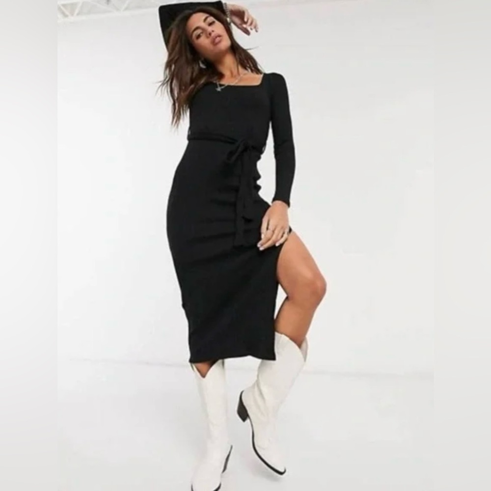 Topshop Long Sleeve Square Neck Belted Jersey Ribbed Midi Dress in Black Size 4